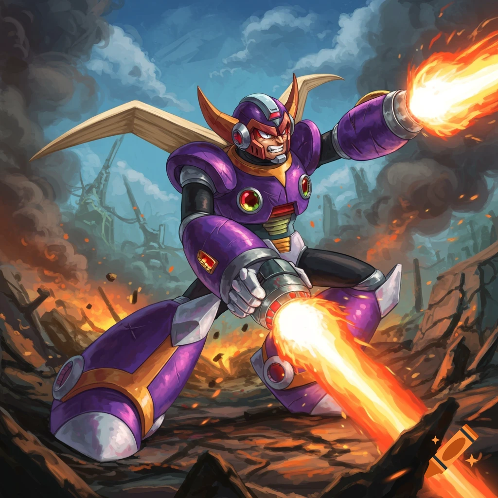 Vile, a purple robot from Mega Man X, fires arm cannons in a ruined battlefield.