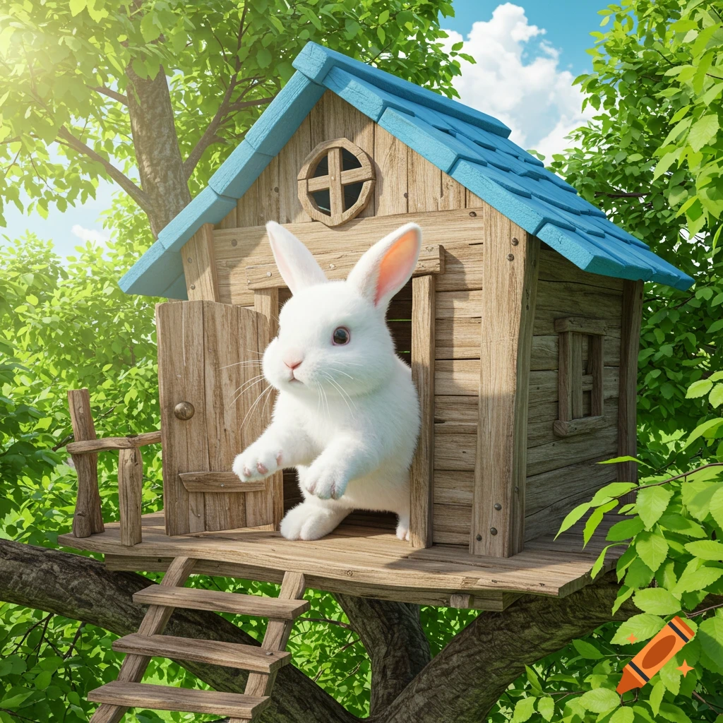A fluffy white bunny peers out of the wooden door of a small treehouse nestled amongst green trees on a sunny day.