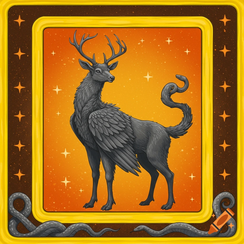A grey creature with a deer head, feathered chest, and snake tail stands in a framed orange background with stars with snakes below.