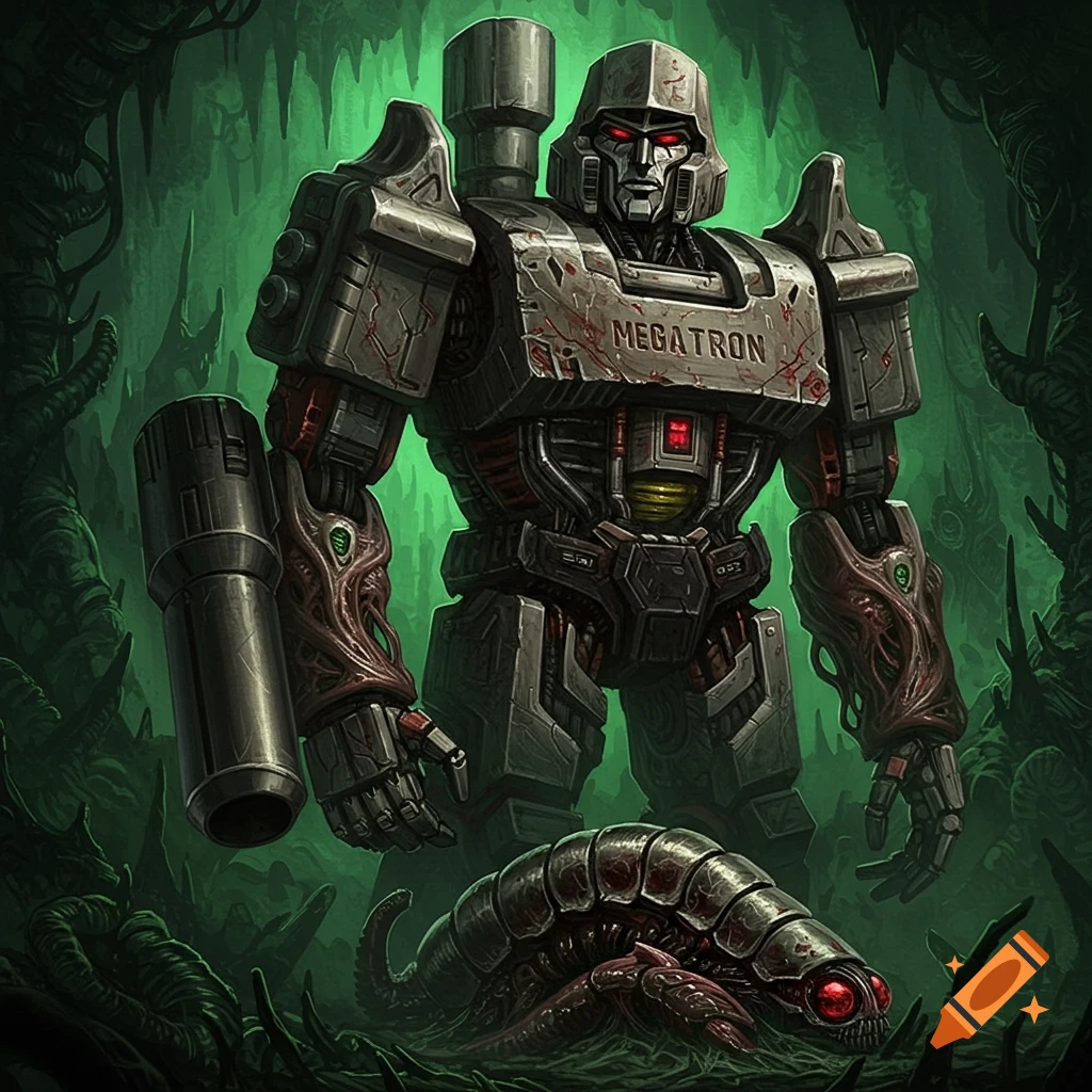 Megatron robot stands over a creature in a dark, eerie HR Giger style setting.