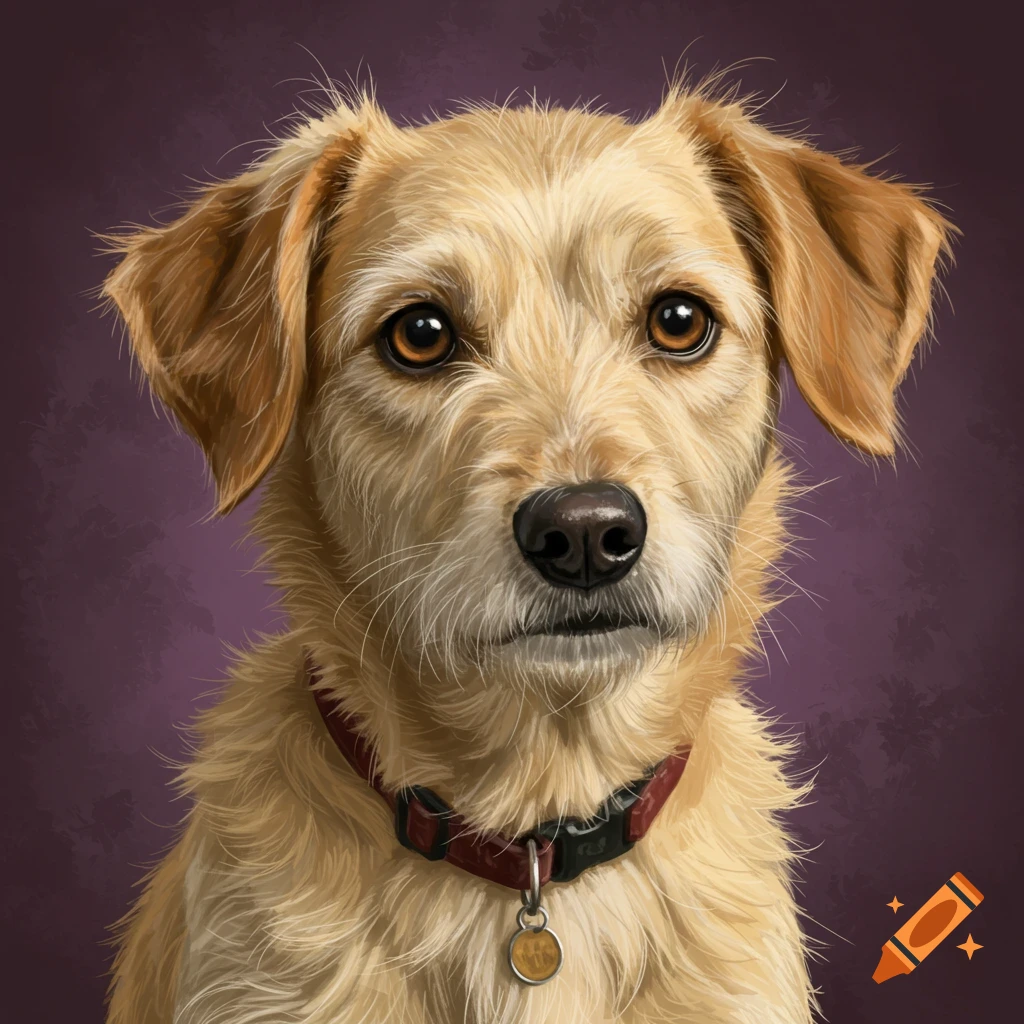 Portrait of a scruffy tan dog with brown eyes and a red collar with a tag, against a purple background.