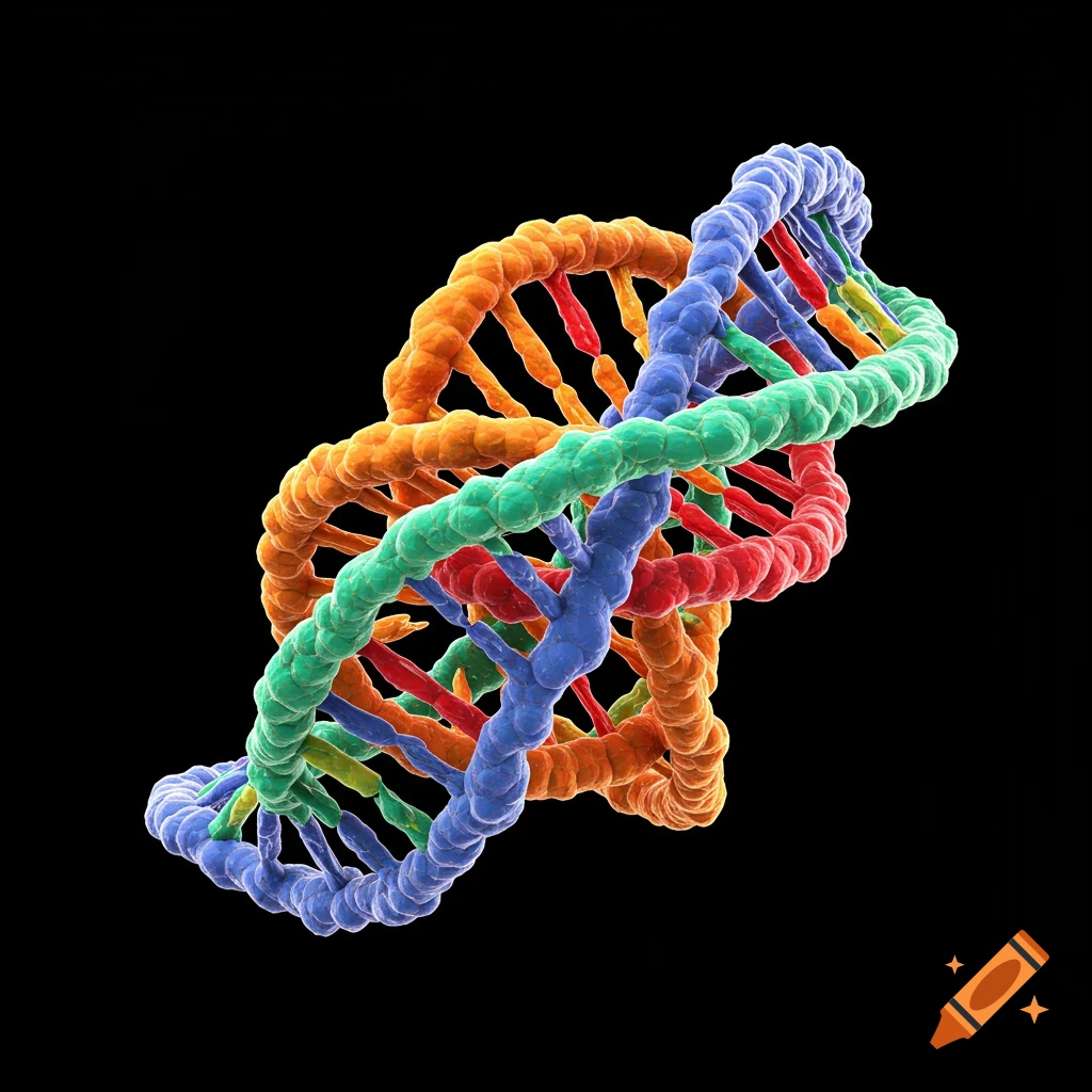 A colorful 3D rendering of a DNA double helix.