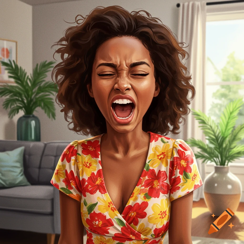 A Black woman with curly hair screaming or yawning in a living room.
