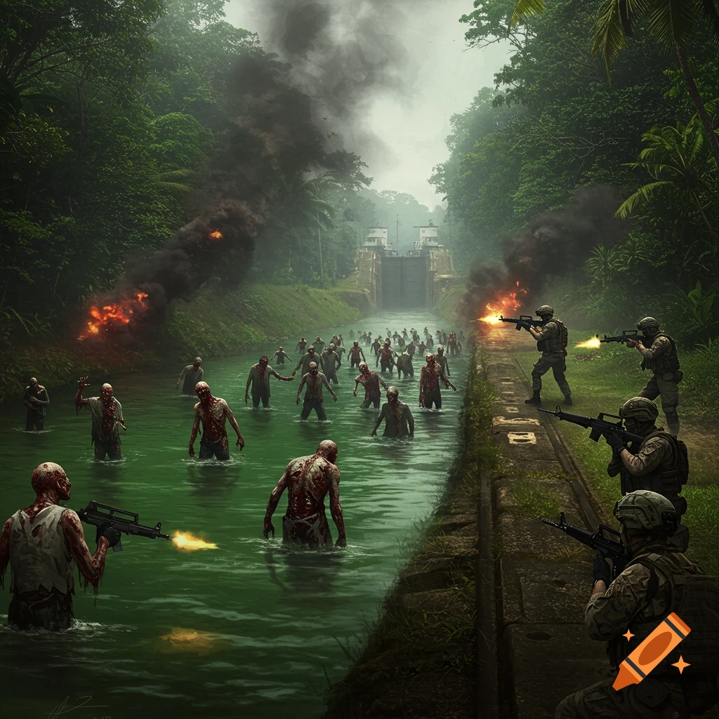 Soldiers are defending a canal lock from a horde of zombies wading through the water.
