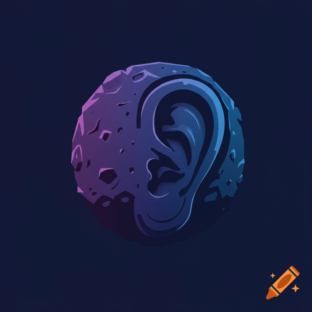 A stylized logo featuring a purple and blue ear shape on a dark, cratered planet.