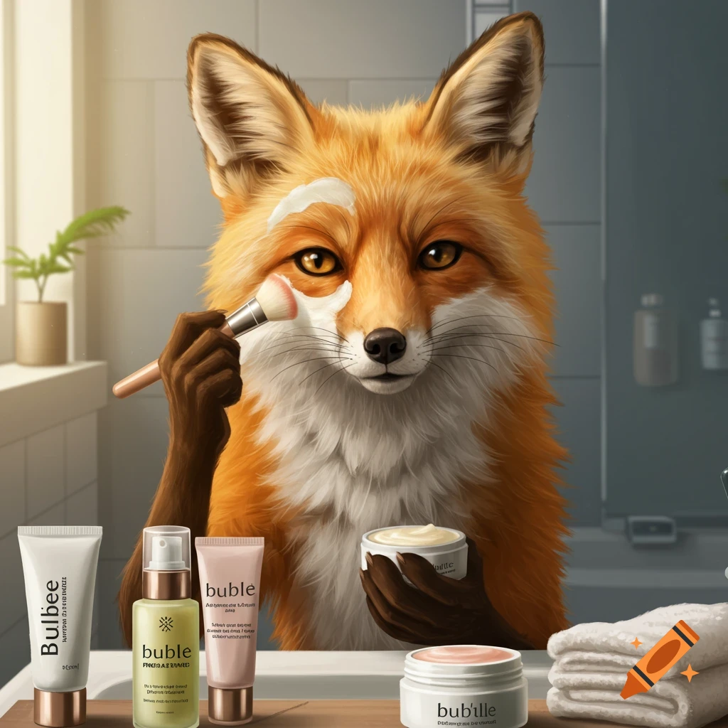 A fox applying skincare cream with a brush.