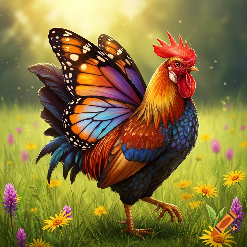 A colorful rooster with large monarch butterfly wings stands in a sunlit grassy field with flowers.