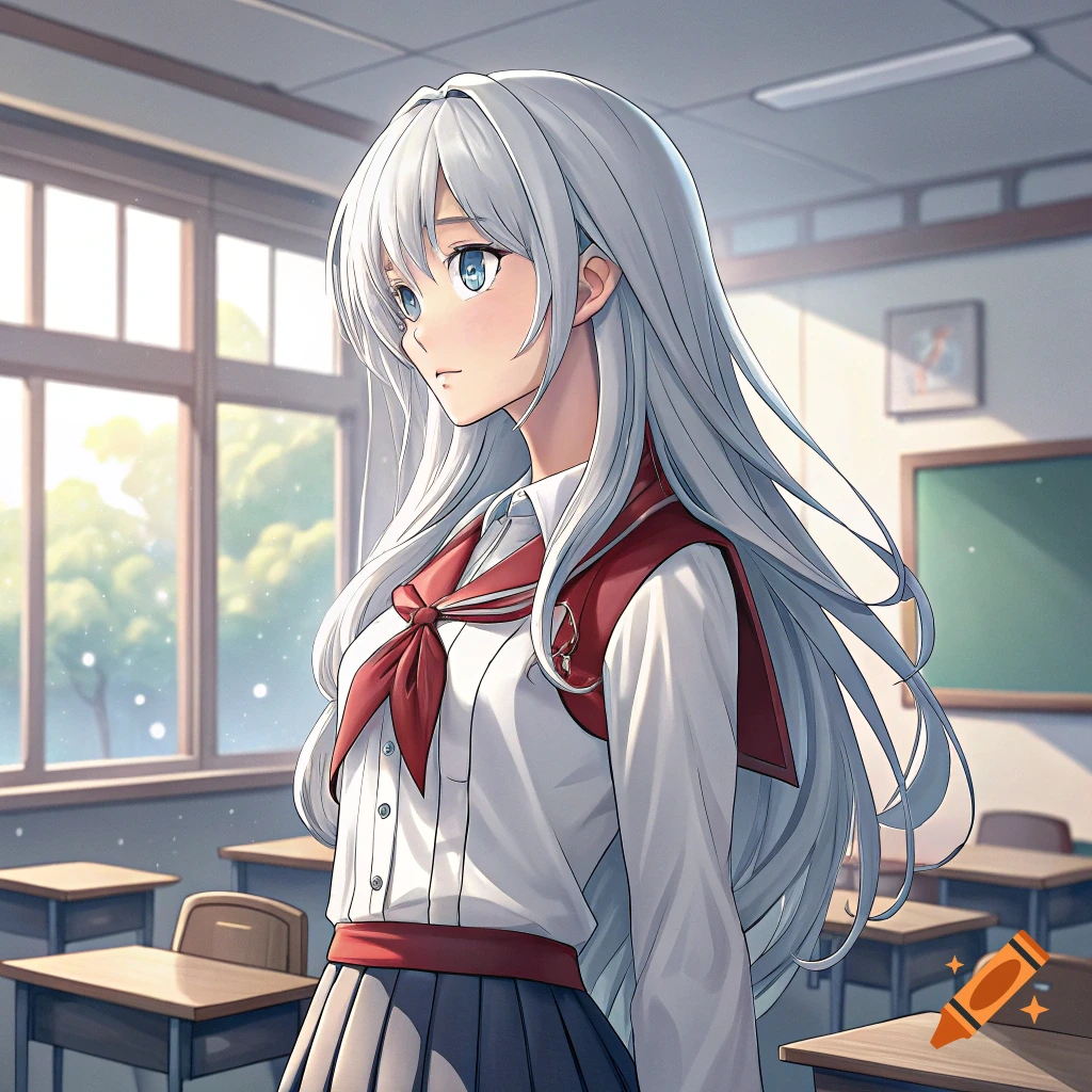 Anime girl with white hair in school uniform standing in a classroom.