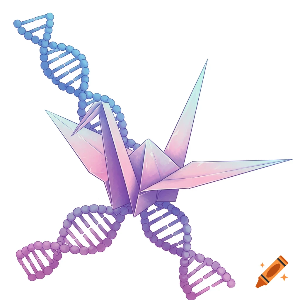 A pink and purple origami crane intertwined with blue and purple DNA strands.