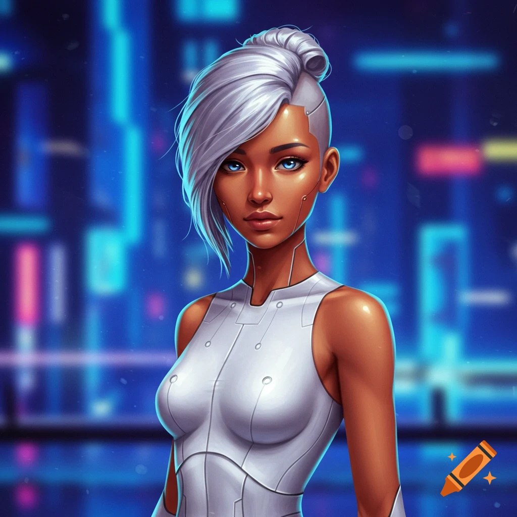 A female android with white hair and blue eyes against a blurry futuristic city.