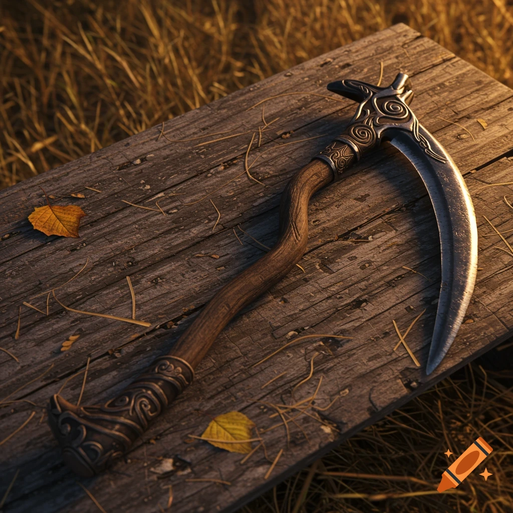 A detailed scythe lies on a wooden surface outdoors