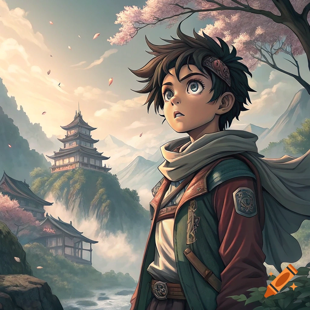 Anime character in a Japanese mountain landscape with pagodas and cherry blossoms.