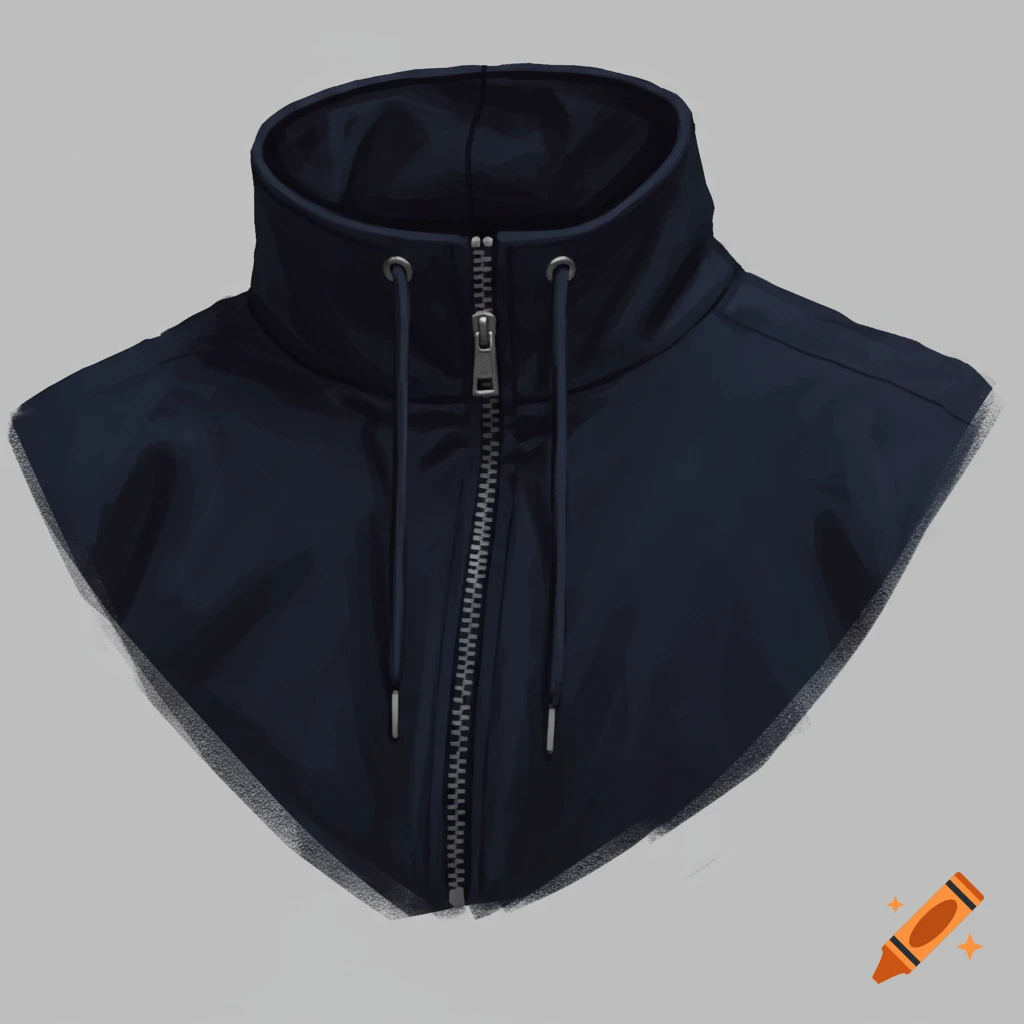 A close-up of a dark blue mock neck jacket or hoodie with a zipper and drawstrings.