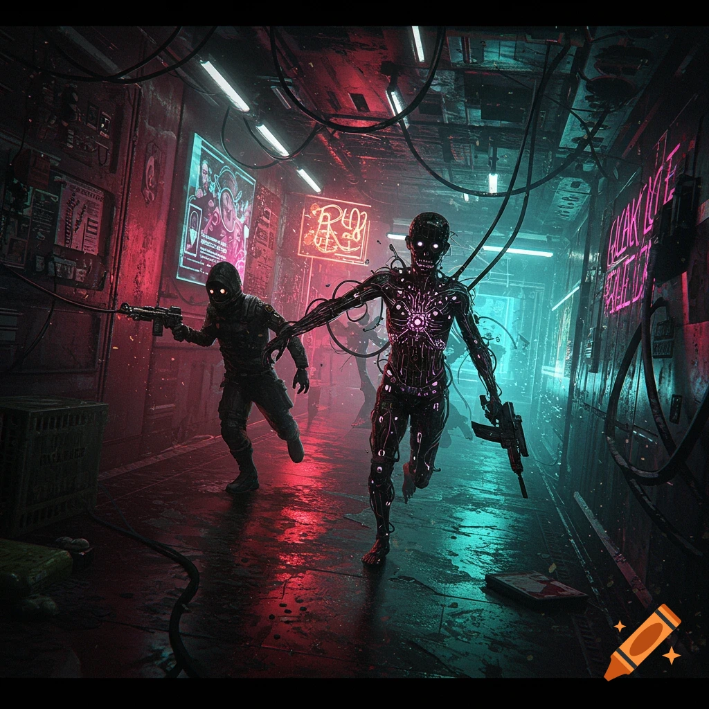 Two figures, one cyborg, one hooded, armed in a dark, neon-lit cyberpunk alley.