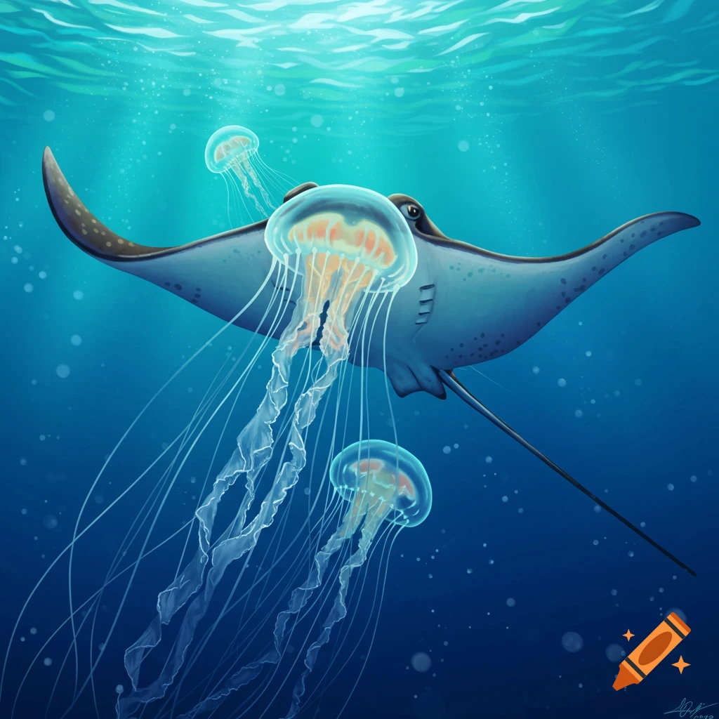 A stingray swims underwater, surrounded by jellyfish.