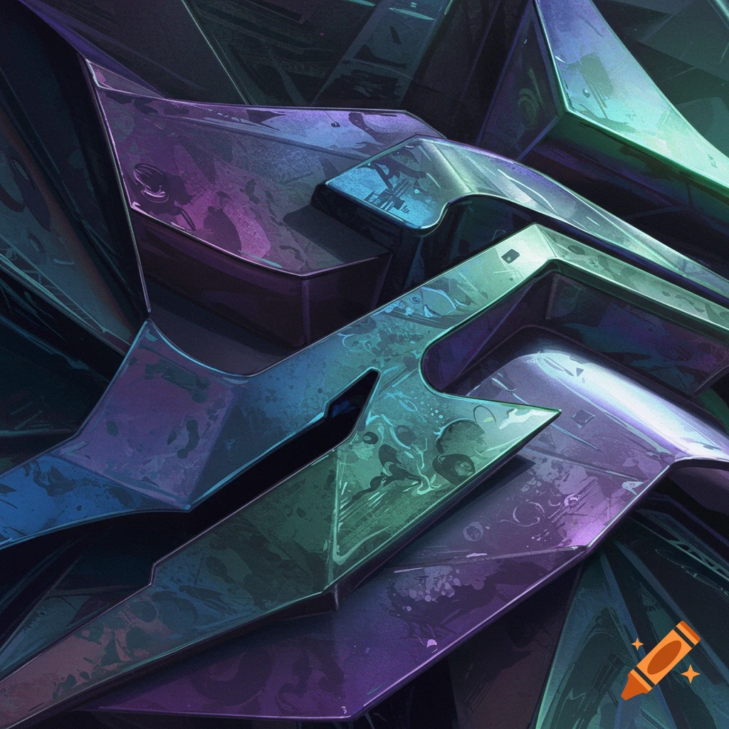 Abstract image of metallic shapes in purple and teal.