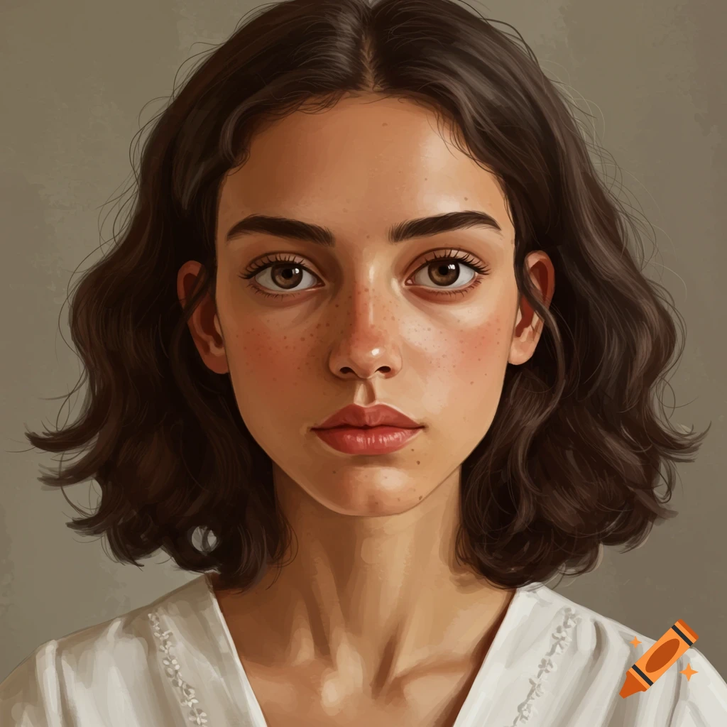 A close-up of a young woman with brown hair and freckles.