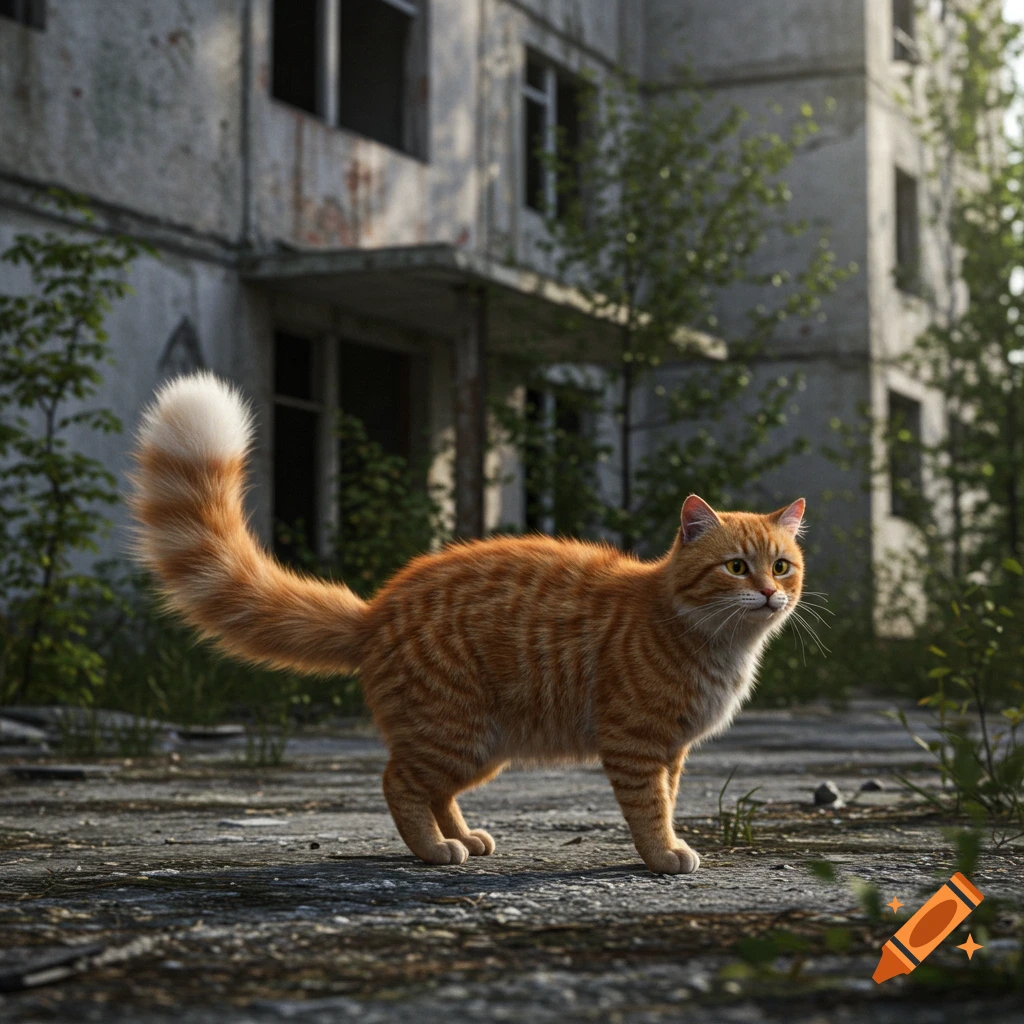 An orange tabby cat stands on cracked pavement in front of a ruined building.