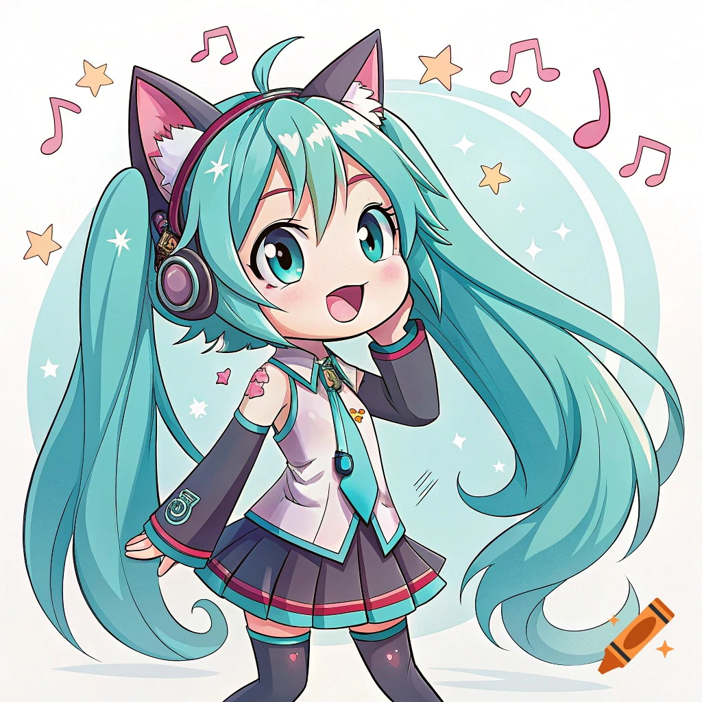 A chibi anime illustration of Hatsune Miku with cat ears and headphones, surrounded by musical notes and stars.