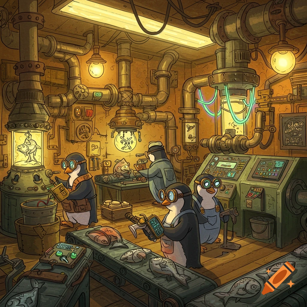 Penguins working in a steampunk factory with machinery and fish on conveyor belts.