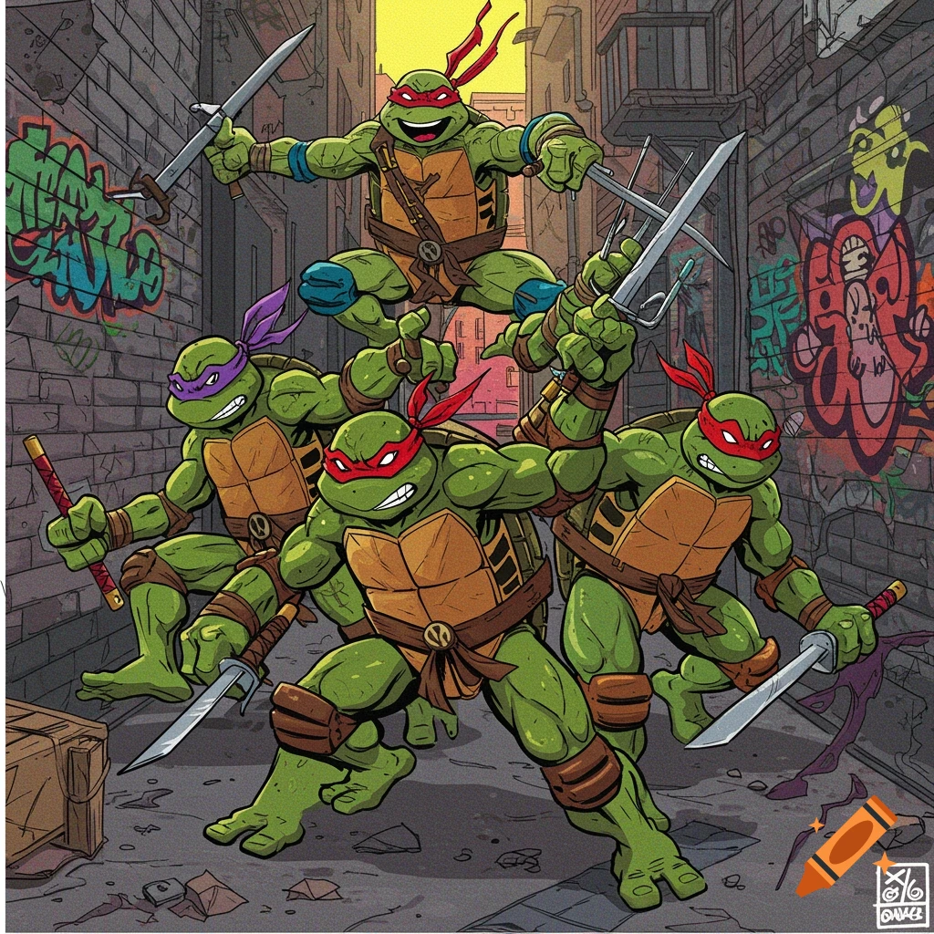 Teenage Mutant Ninja Turtles pose and leap in a gritty urban alleyway with graffiti, in a vibrant comic book style.
