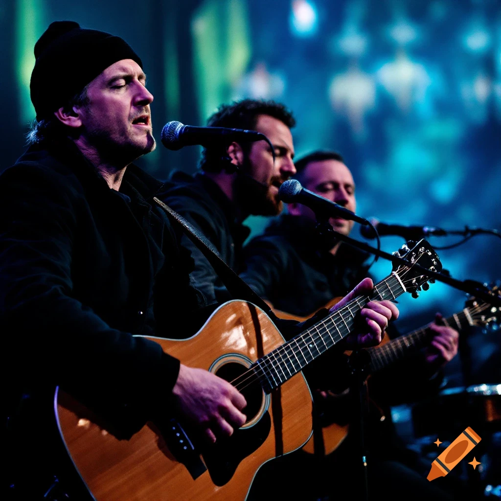 Three musicians playing acoustic guitars on a stage