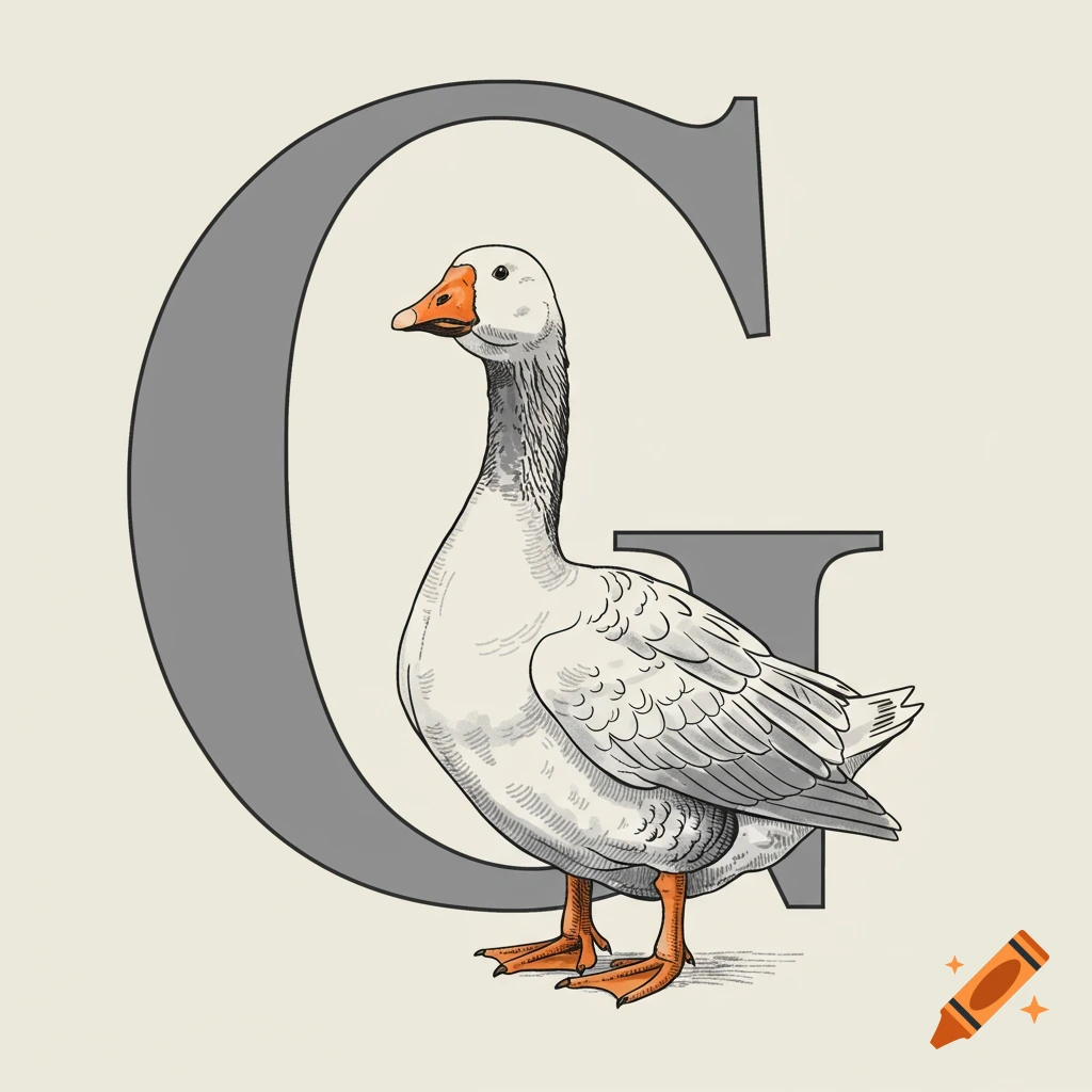 A classical drawing of a goose standing next to a capital letter G.