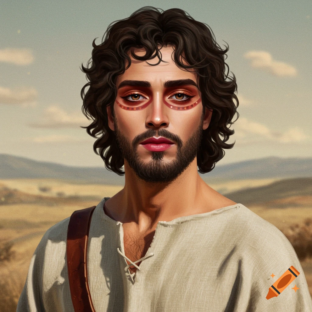 A man in historical clothing with makeup is in a desert landscape.