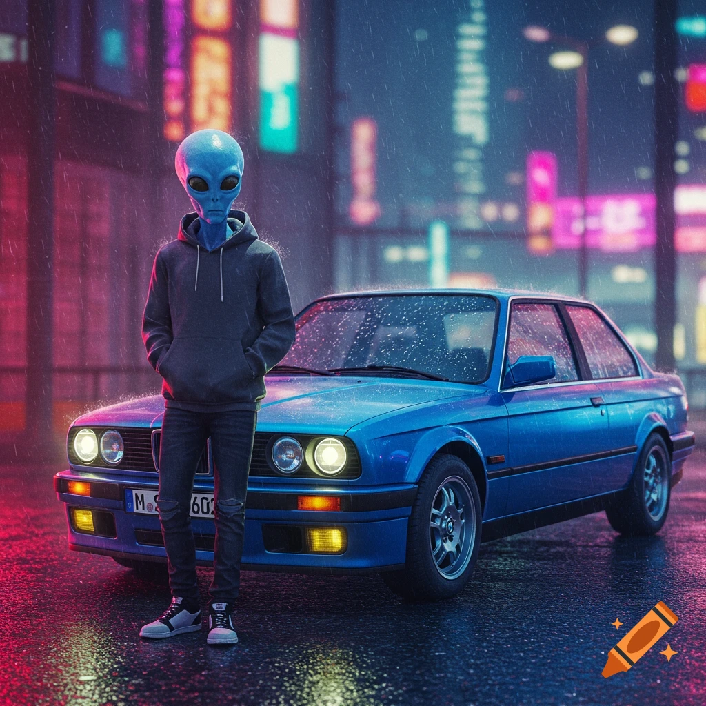 A blue alien wearing a hoodie stands next to a blue BMW on a wet city street at night, neon lights reflect.
