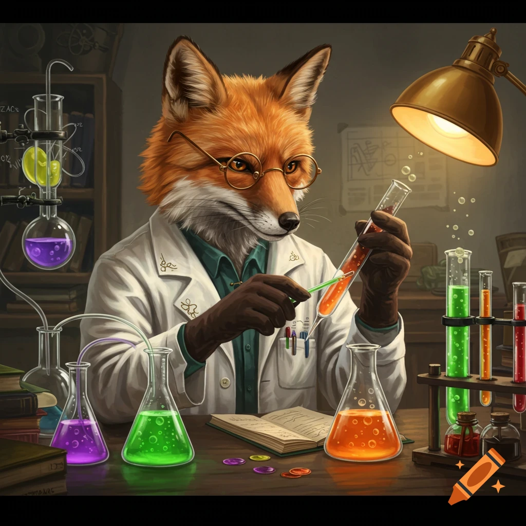 A fox is wearing glasses and a lab coat, working with beakers and test tubes in a science lab.