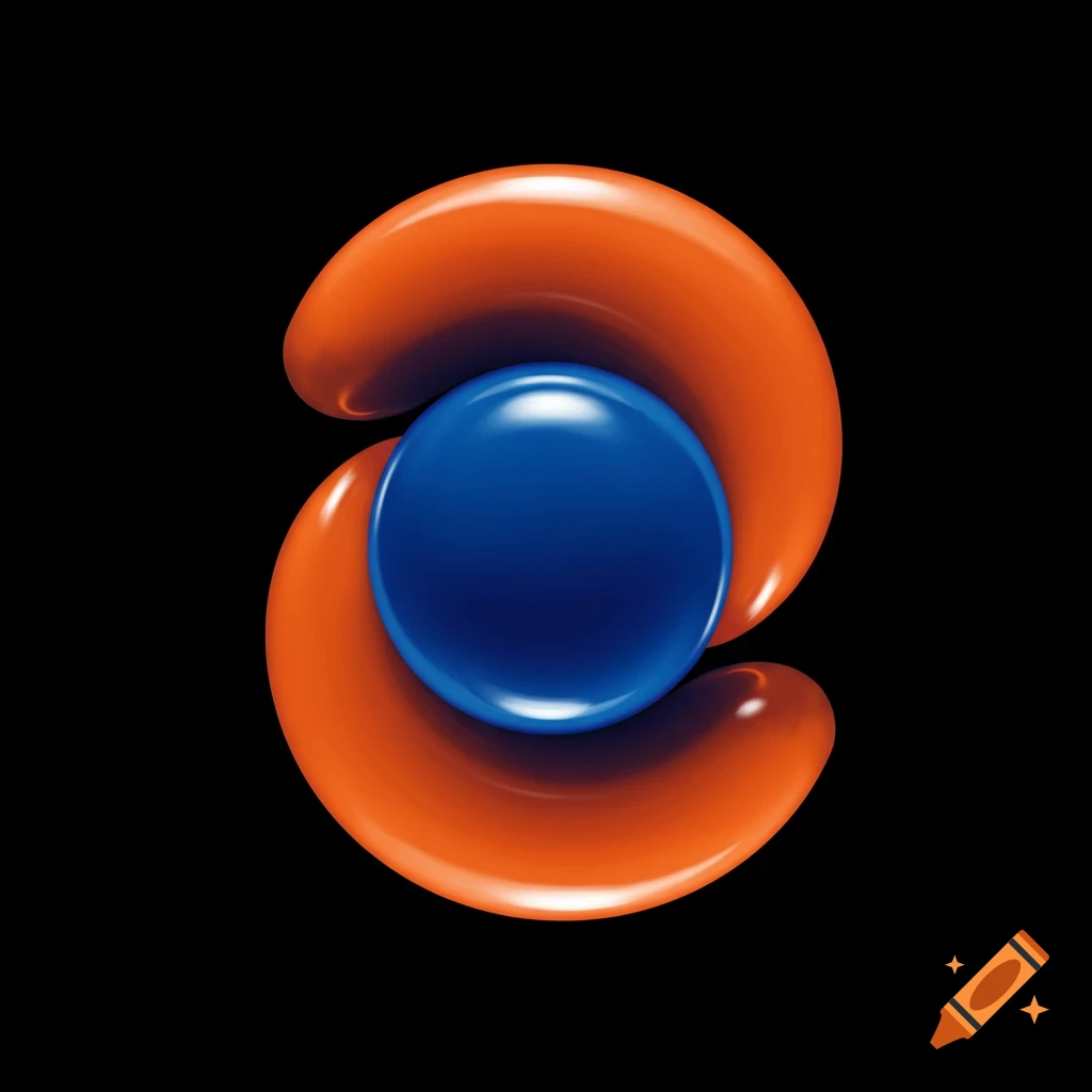 Abstract 3D render of a blue sphere nestled in orange curving shapes on a black background.