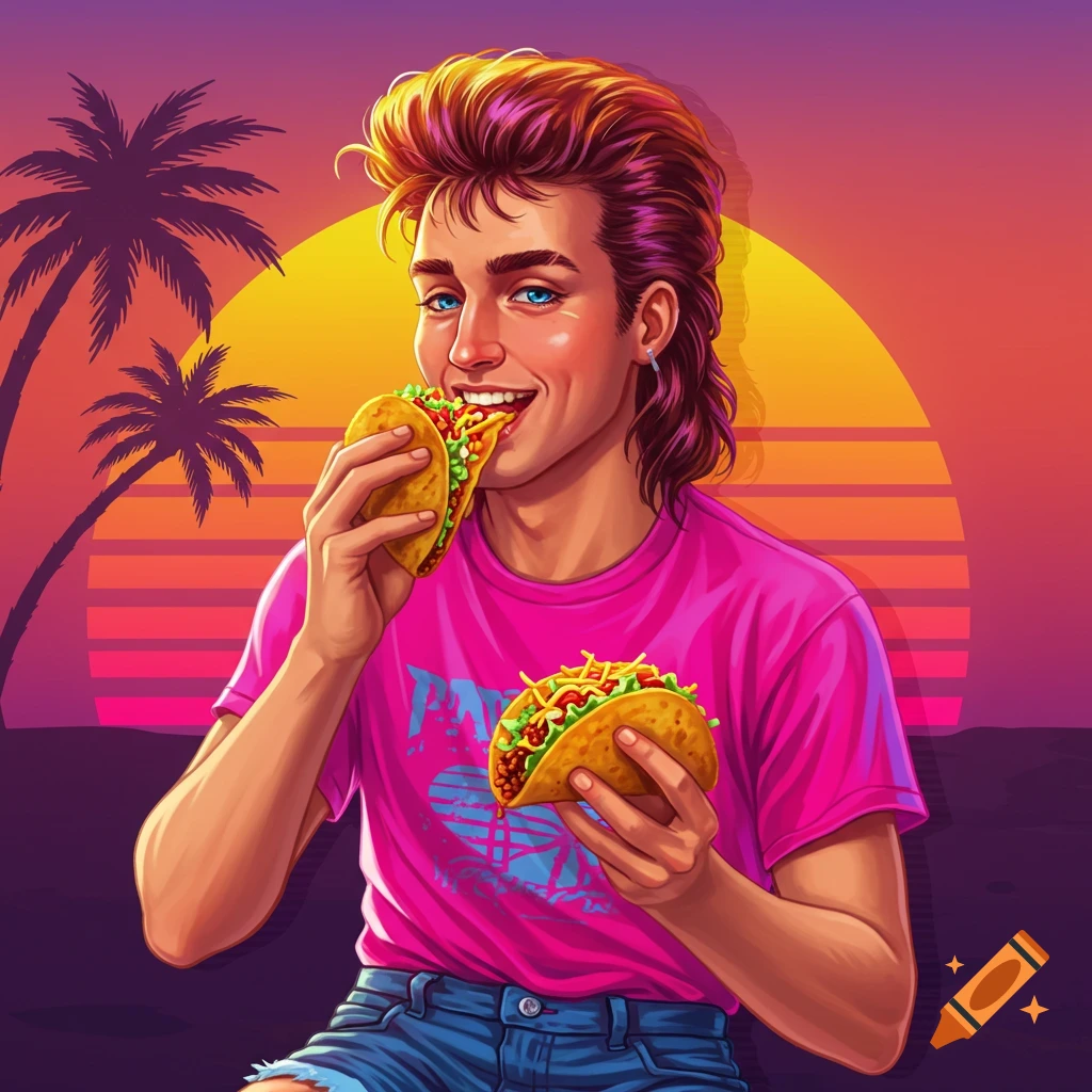 A man with a mullet eating tacos in front of a retro sunset with palm trees.