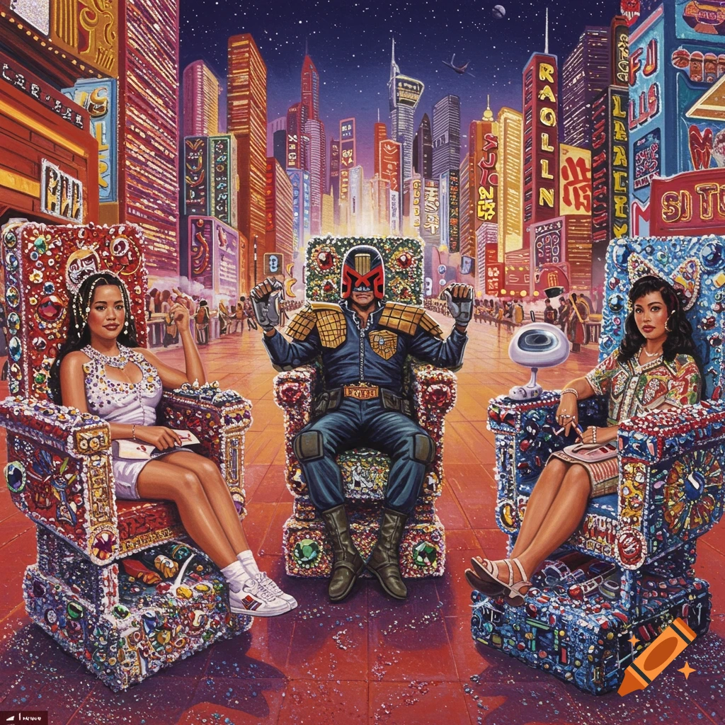 Judge Dredd and two people sitting on jewel-adorned chairs in a colorful, futuristic city.