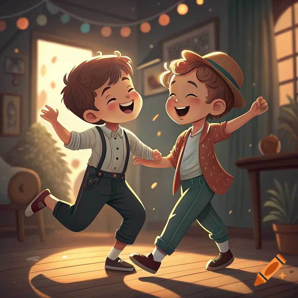 Two young cartoon boys happily dancing in a room with festive lights.
