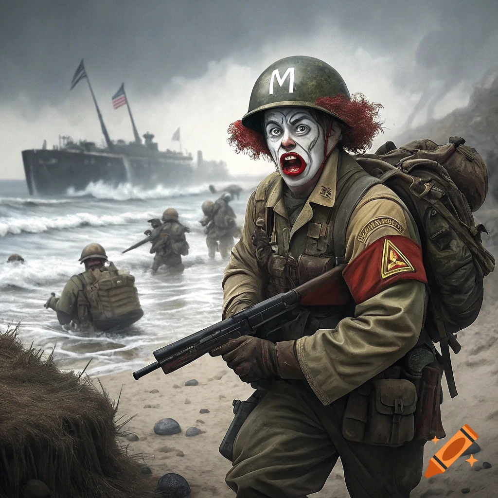 A soldier with clown makeup and wig lands on a beach, holding a rifle, with other soldiers and a ship in the background.