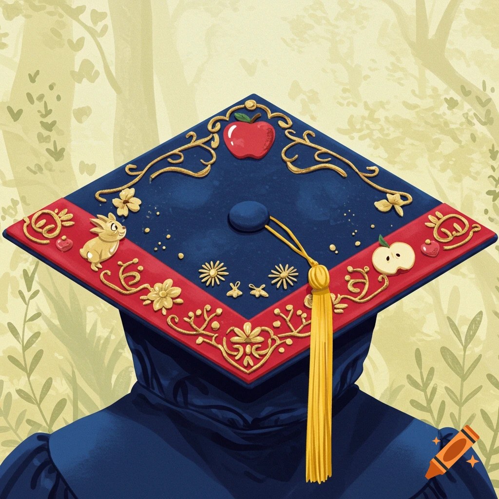 A graduation cap decorated with Snow White elements: apple, bunny, golden vines.