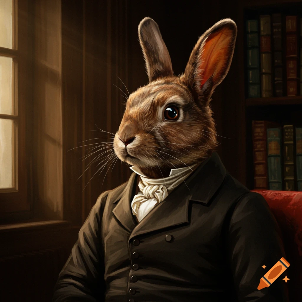 A portrait of a rabbit dressed as a distinguished gentleman, sitting in a library.