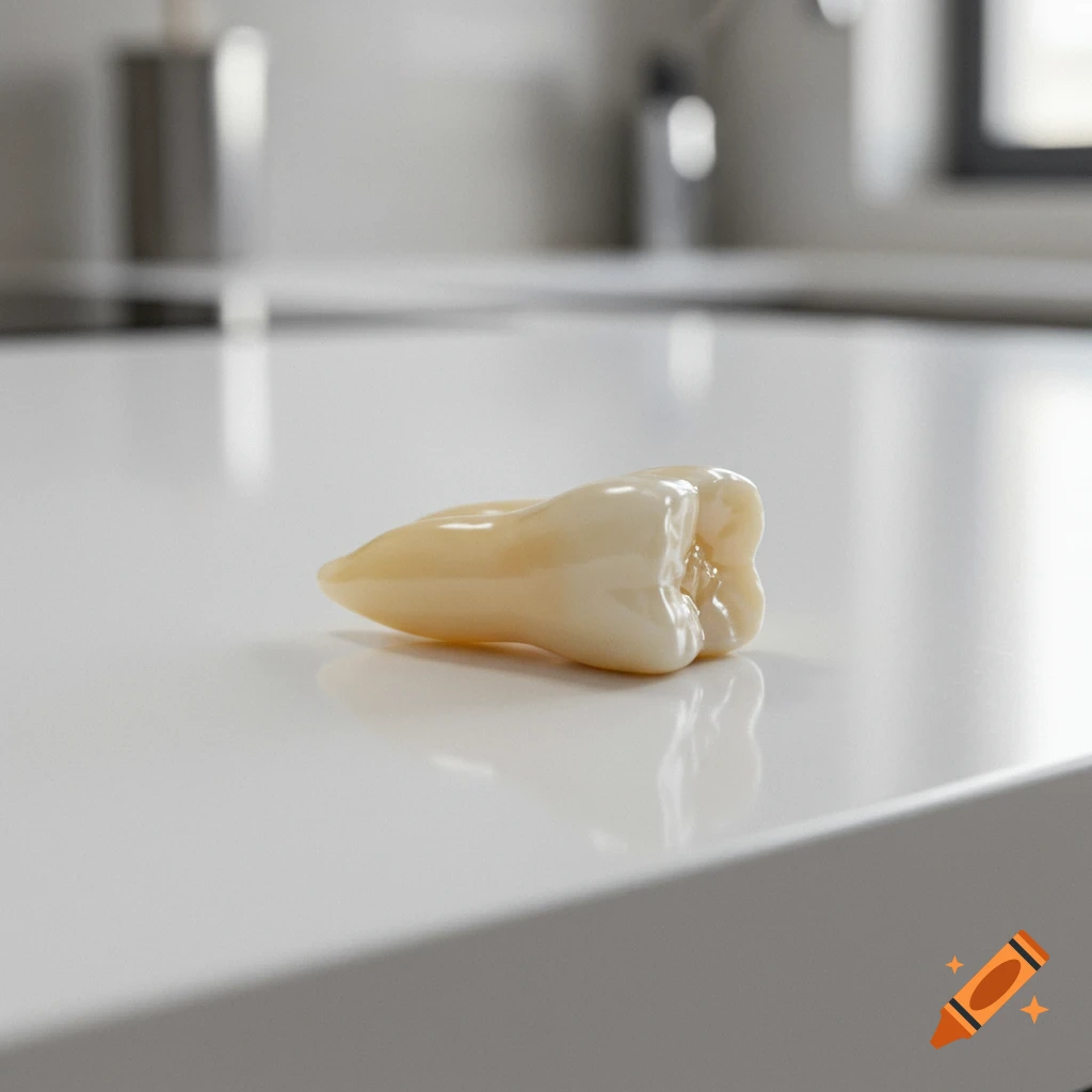 A single human tooth lies on a white countertop.