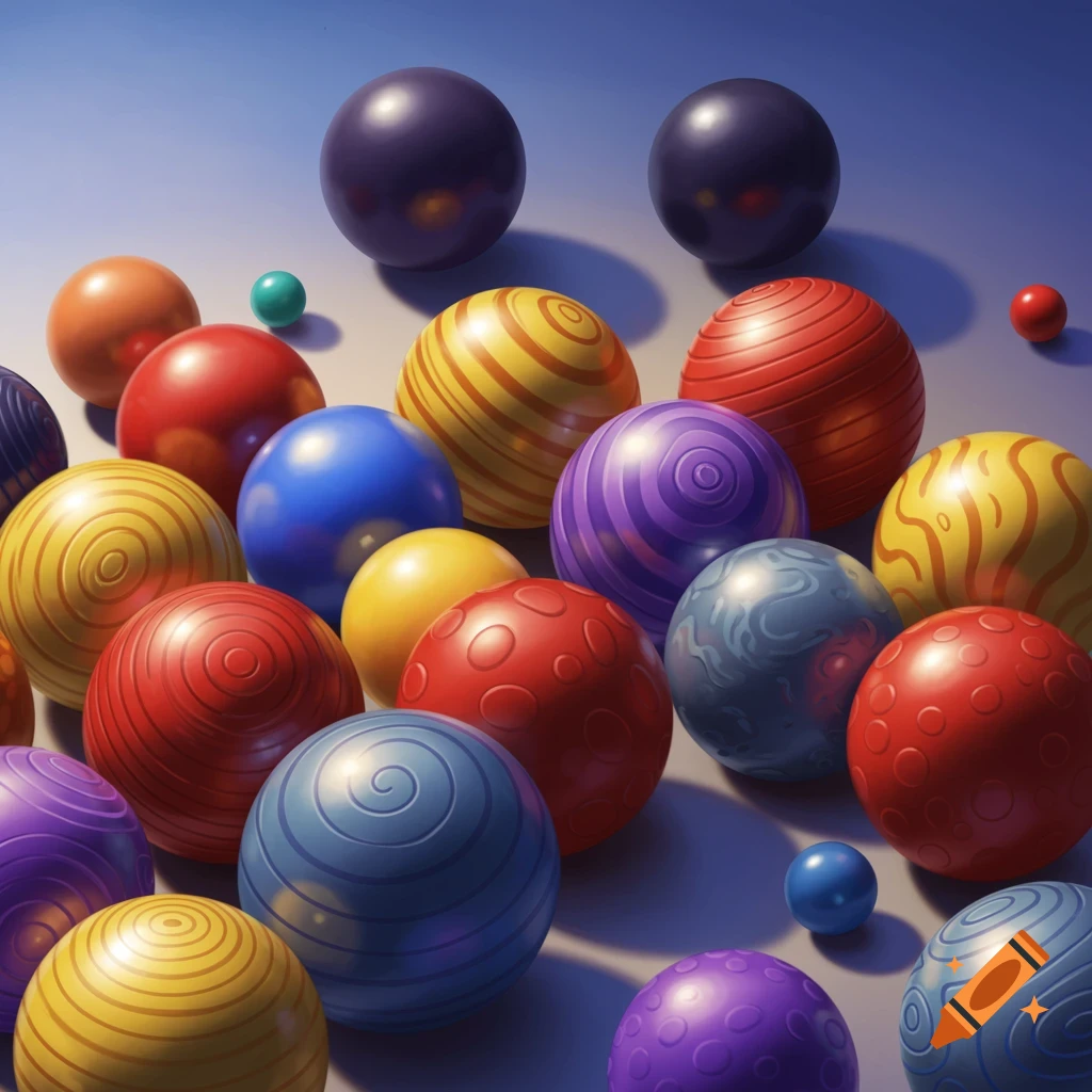 A vibrant collection of multicolored, textured balls with dramatic lighting.