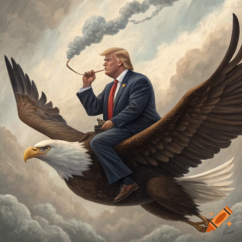 Person resembling Donald Trump riding on an eagle, smoking a pipe, in a painterly style.