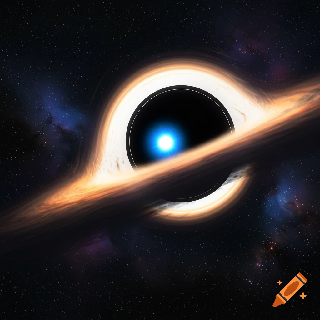 A black hole with an accretion disk near a blue star in space.