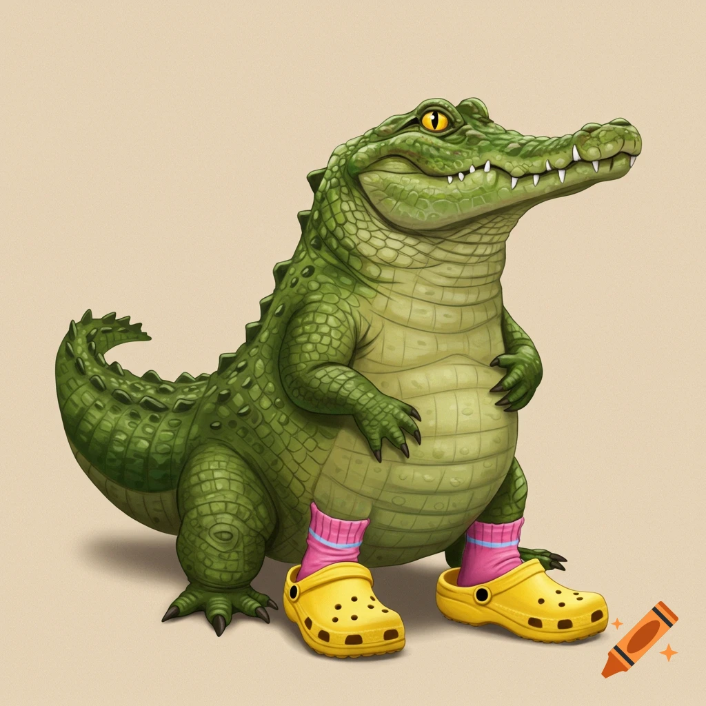 Illustration of a cartoon crocodile wearing pink and blue striped socks and yellow clogs.