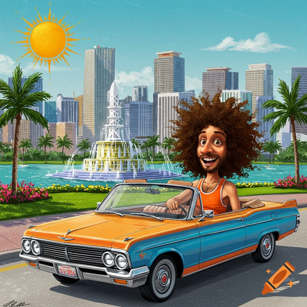 A person with large curly hair drives an orange and blue convertible in Miami with a fountain and skyline in the background.