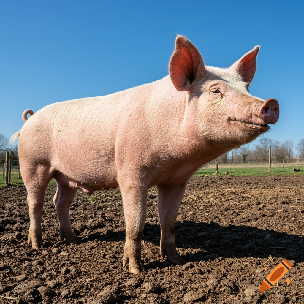 A pink pig stands in a muddy field under a bright blue sky.