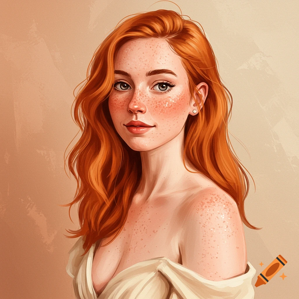 A red-haired woman with freckles wearing an off-shoulder dress.