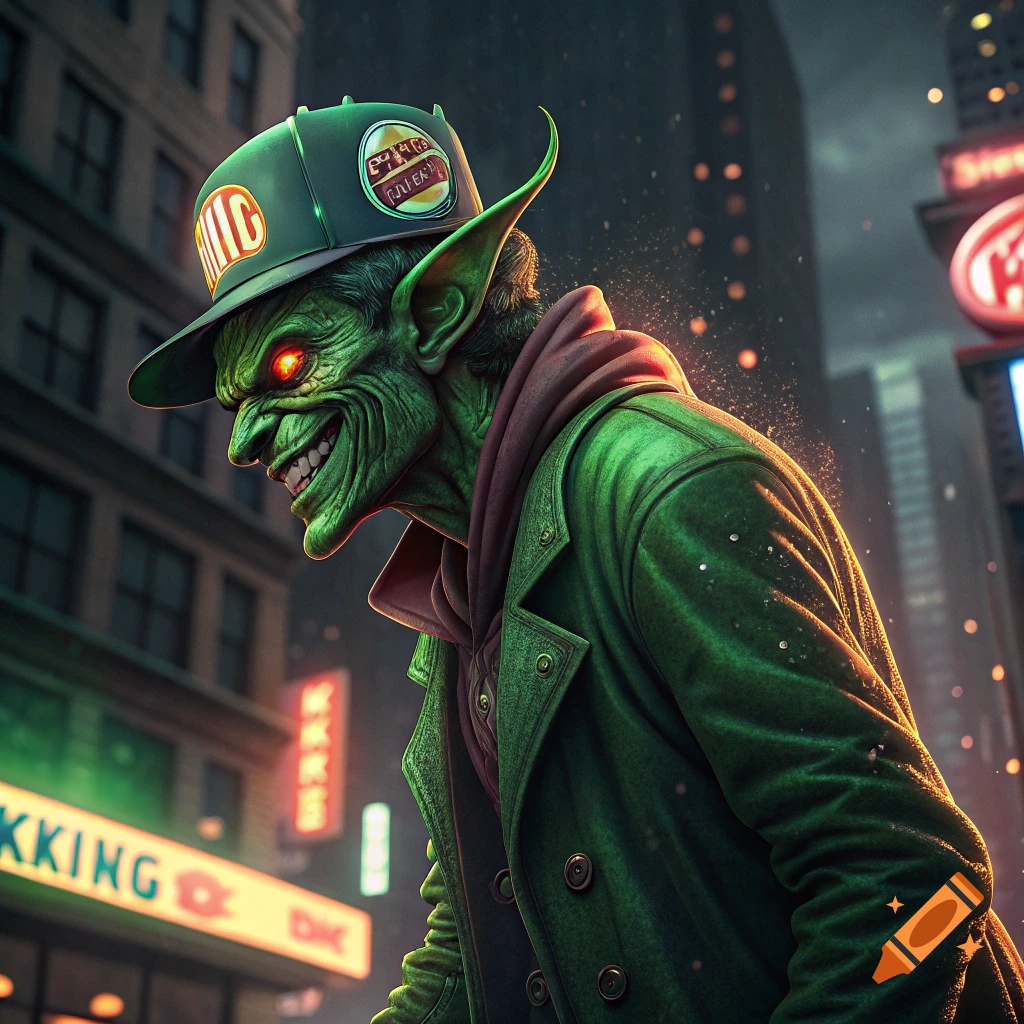 Menacing Green Goblin in a green coat and cap with red eyes stands in a neon-lit city street.