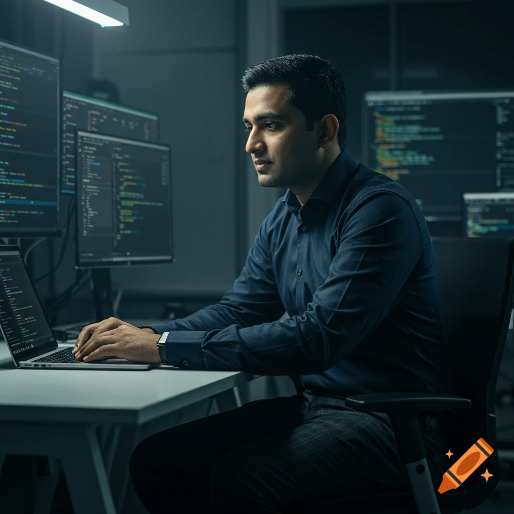Man coding on a laptop in a dark office with multiple monitors showing code.