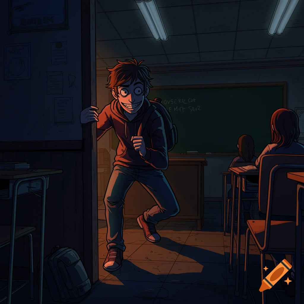 Comic book style illustration of a student with a mischievous grin sneaking out of a dark classroom at night.