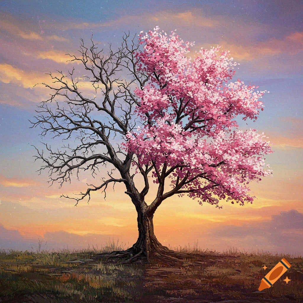A tree is split between pink blossoms and bare branches against a sunset.