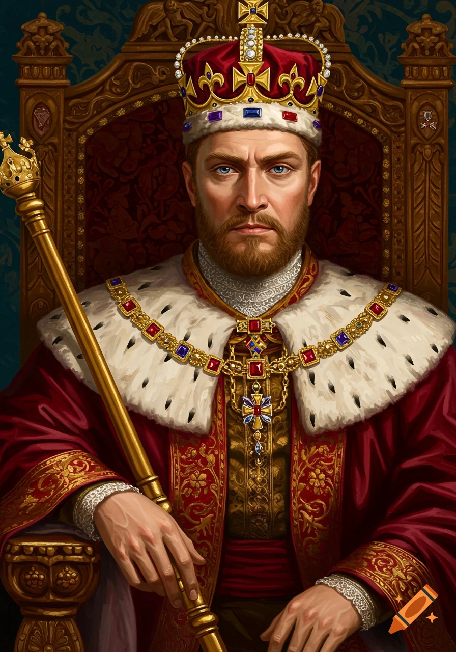 A king on a throne wearing a crown and royal robes, holding a scepter.
